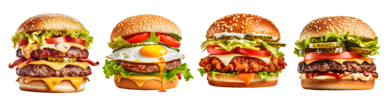 Fresh of set tasty burger, fried egg, double beef, fried chicken, side view with transparent background, smooth blur edge, Generative AI