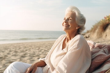 Fototapeta na wymiar Happy elderly woman lying on the beach coast . Generative AI