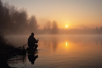Fisherman with a fishing rod on the river bank. Sunrise, fog on the background of the lake. - obrazy, fototapety, plakaty