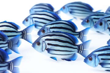 Fototapeta na wymiar Close-up of a school of blue tropical striped fish on a white background.