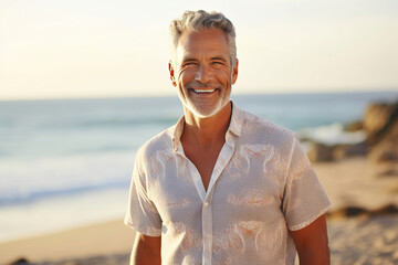 Happy mature senior man on beach coast . Generative AI