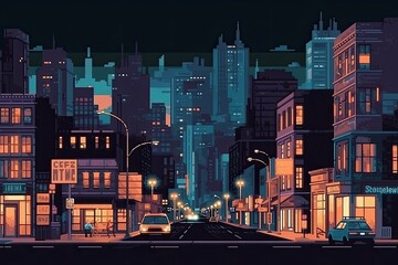 Street of modern night city, pixel art illustration.