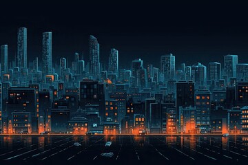 Night big city with big buildings in blue-orange colors. Pixel art.
