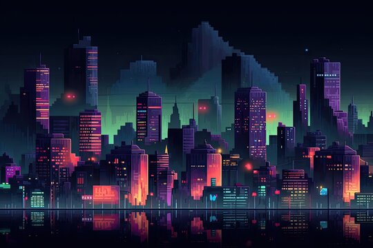 Pixel illustration view of a beautiful night city with skyscrapers.