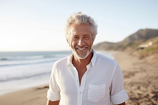 Happy mature senior man on beach coast . Generative AI