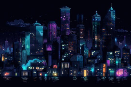 Pixel big beautiful night city.