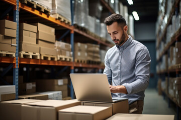 Obraz premium Male Inventory Manager Using Laptop Computer in Store. Generative AI