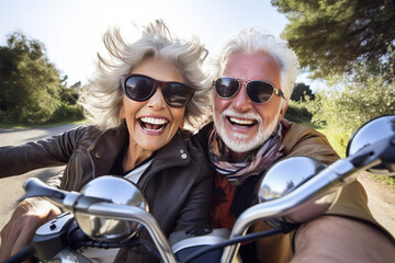 Fototapeta na wymiar Mature senior couple on motorbike in style of selfie. Generative AI