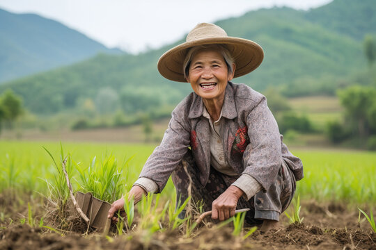 Mature woman working on field as farmer. Generative AI