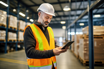 Engineer worker using digital tablet for checking in factory. Generative AI