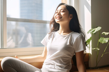 A Beautiful Athletic Asian Woman Does ABS Crunches. Generative AI