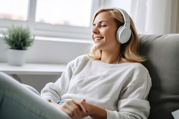 Pleased young woman in headphones listening to music. Generative AI