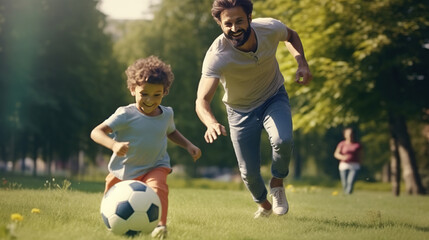 Obraz premium Portrait of happy father and son with ball while playing football on green grass in park, medium shot, profile, commercial shot, hyper-realistic details, simple background. Generative AI