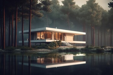 Minimalistic villa, house on the shore of a forest lake. Modern architecture. Generative AI. - 617768853