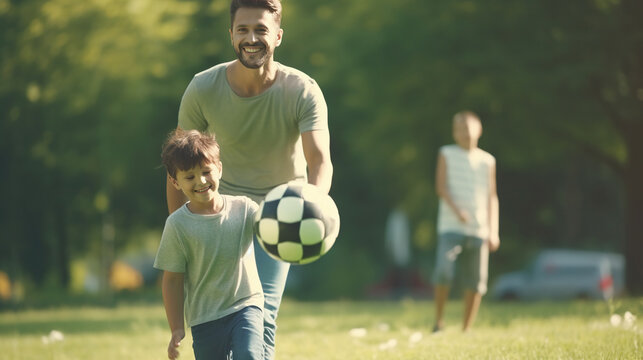 Portrait of happy father and son with ball while playing football on green grass in park, medium shot, profile, commercial shot, hyper-realistic details, simple background. Generative AI