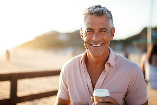 Portrait of mature senior male with cup of coffee on s beach. Generative AI