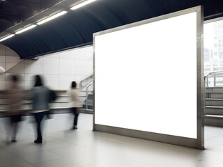 Blank horizontal big poster in public place. Billboard mockup on the mall.