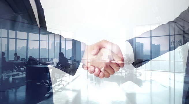 Shaking hands, teamwork on background, bussines concept, multiexposure.