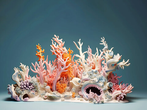 Colorful underwater scene with tropical coral reef, exotic algae, bright sponge and fish.