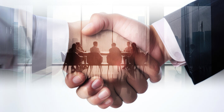 Shaking hands, teamwork on background, bussines concept, multiexposure.