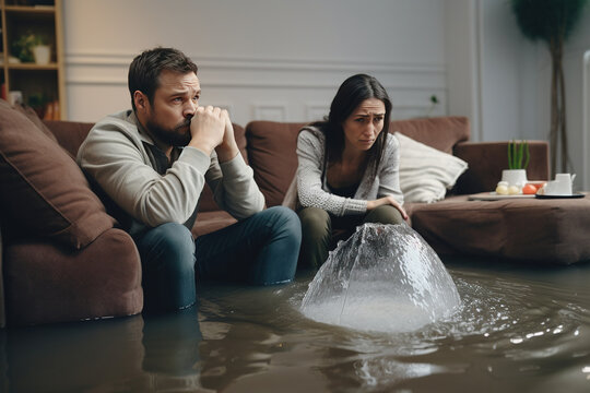 Roof is Leaking or Pipe Rupture at Home: Panicing Couple In Despair Sitting on a Sofa Watching How Water Drips into Buckets in their Living Room.Generative AI