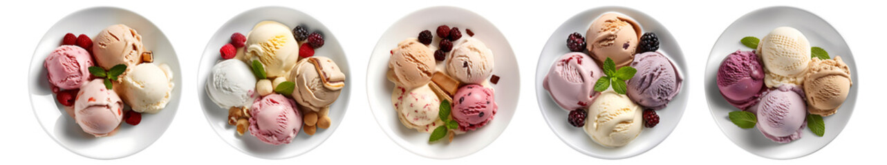 Ice cream on white plate, top view with transparent background, smooth blur edge, Generative AI