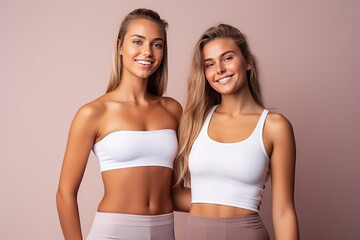 Fototapeta na wymiar Two fit young women stand together in sportswear, embracing a healthy lifestyle in the studio clean background. Generative AI