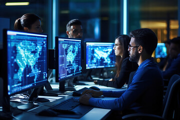 Team of Talented Young Middle Eastern Professionals Working in a Technological Research and Development Agency. Computer Screens with Software Code and Technical Neural Network Diagrams. Generative AI