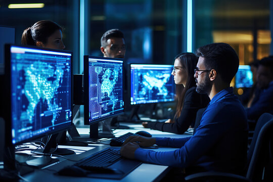 Team of Talented Young Middle Eastern Professionals Working in a Technological Research and Development Agency. Computer Screens with Software Code and Technical Neural Network Diagrams. Generative AI