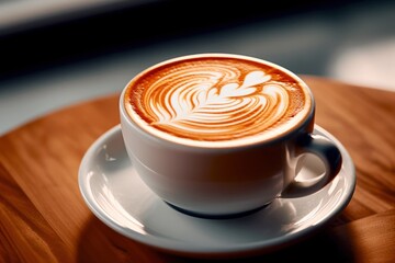 Handcrafted coffee with latte art in a white cup with desk background - Generative AI
