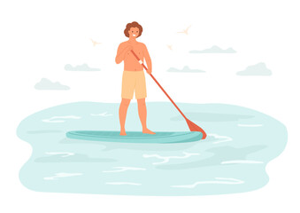 Male standing on sup board on water. Happy man holding oar and  swims on the sea. Isolated character, summer activities. Vector illustration.