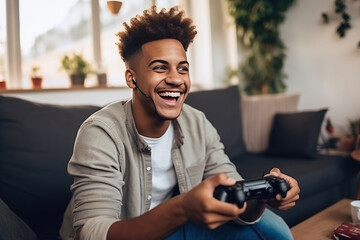 Young positive happy african american guy with wireless gamepad playing video game at home . 