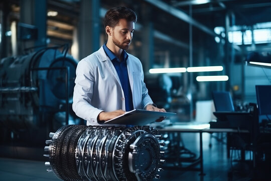 Young Industrial Engineer Working on a Futuristic Jet Engine, Standing with Laptop Computer in Scientific Technology Lab. Scientist DevelopingGenerative AI