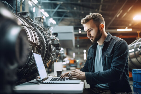 Young Industrial Engineer Working On A Futuristic Jet Engine, Standing With Laptop Computer In Scientific Technology Lab. Scientist Developing  Generative AI