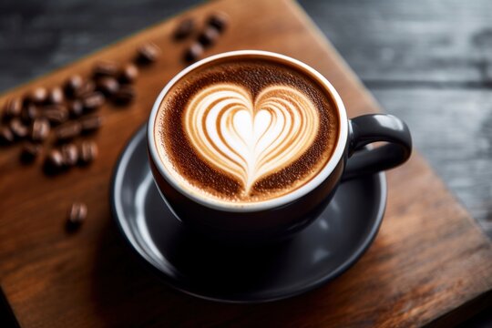 Handcrafted coffee with latte heart art in a dark gray cup with desk background - Generative AI