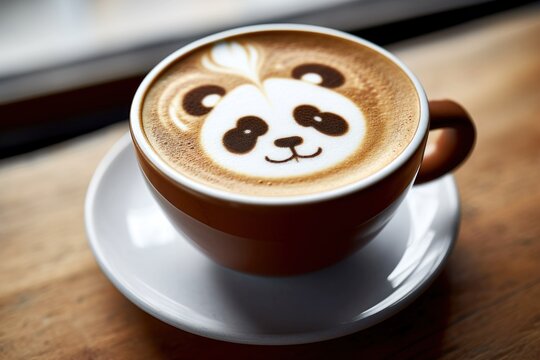 Handcrafted coffee with latte panda art in a brown cup with desk background - Generative AI