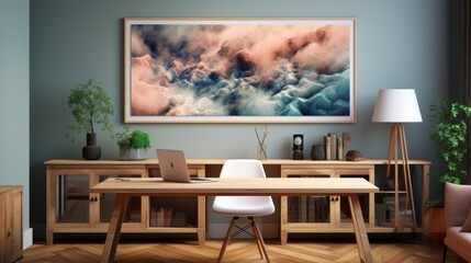 Poster mock up in home interior background, home office, Scandi-boho style,&nbsp;3d&nbsp;render. Created with generative ai.