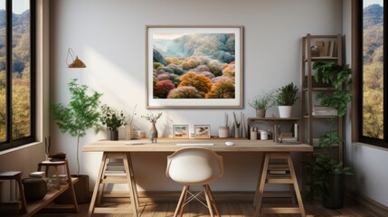 Poster mock up in home interior background, home office, Scandi-boho style, 3d render. Created with generative ai.