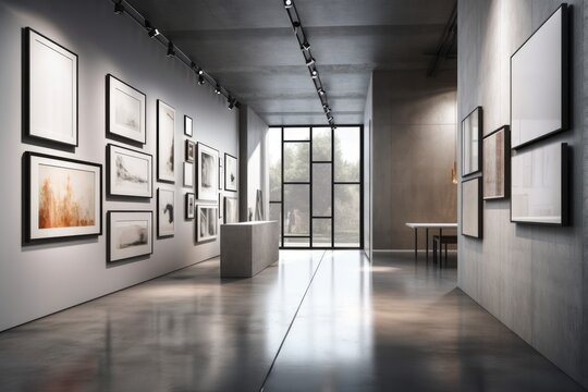 Interior of a contemporary gallery with blank, white mock up posters on a concrete wall. a museum idea. Generative AI
