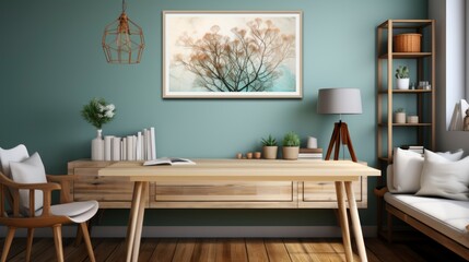 Poster mock up in home interior background, home office, Scandi-boho style, 3d render. Created with generative ai.