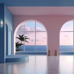 Aesthetic photo of interior of a house with sea view in minimalistic setting. Aesthetic, minimalistic, sea, bungalow. Created with Generative AI Technology. 