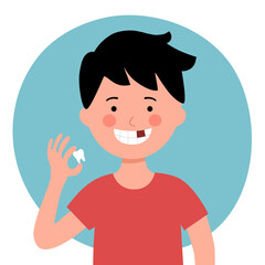 Boy child missing teeth in flat design on white background.