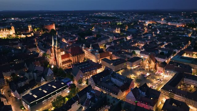 Aerial view of Nuremberg in historic city centre, Bavaria from above, Germany, Europe