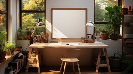 Poster mock up in home interior background, home office, Scandi-boho style,&nbsp;3d&nbsp;render. Created with generative ai.