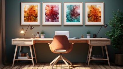 Poster mock up in home interior background, home office, Scandi-boho style, 3d render. Created with generative ai.