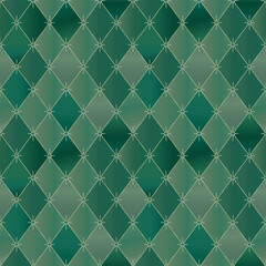 Green rhombuses with different gradients and golden lines and stars seamless pattern