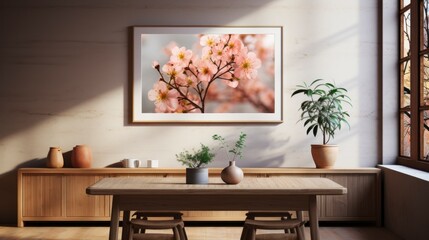 Poster mock up in home interior background, home office, Scandi-boho style,&nbsp;3d&nbsp;render. Created with generative ai.