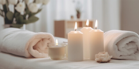 Fototapeta na wymiar Closeup of candles and white towels, spa salon background. AI generative