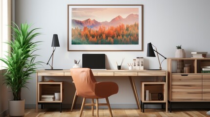 Poster mock up in home interior background, home office, Scandi-boho style, 3d render. Created with generative ai.