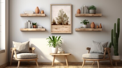Fototapeta na wymiar Poster mock up in home interior background, home office, Scandi-boho style, 3d render. Created with generative ai.